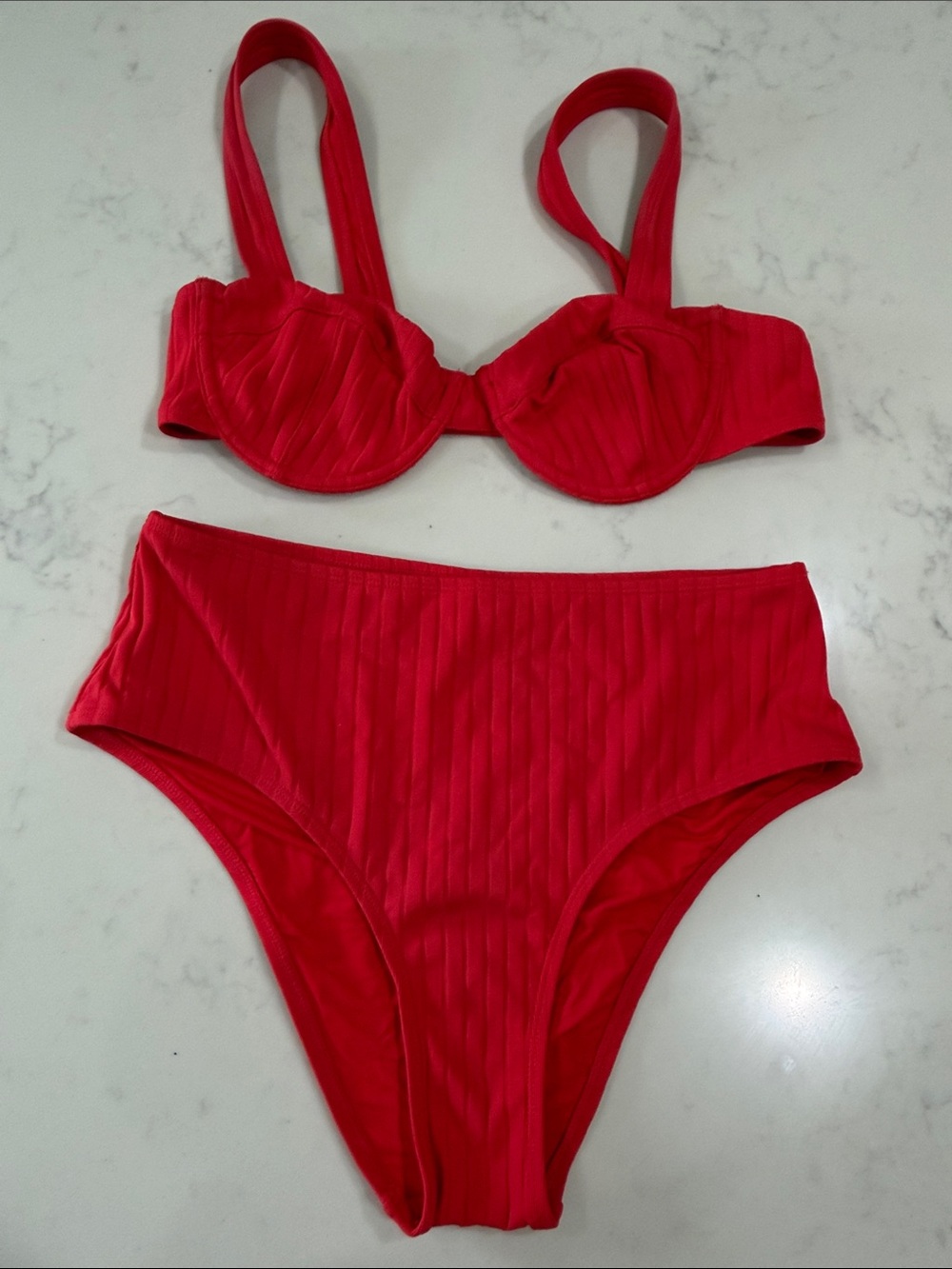 Solid and Striped Lilo Luxe Ribbed Bikini Top Lipstick Red